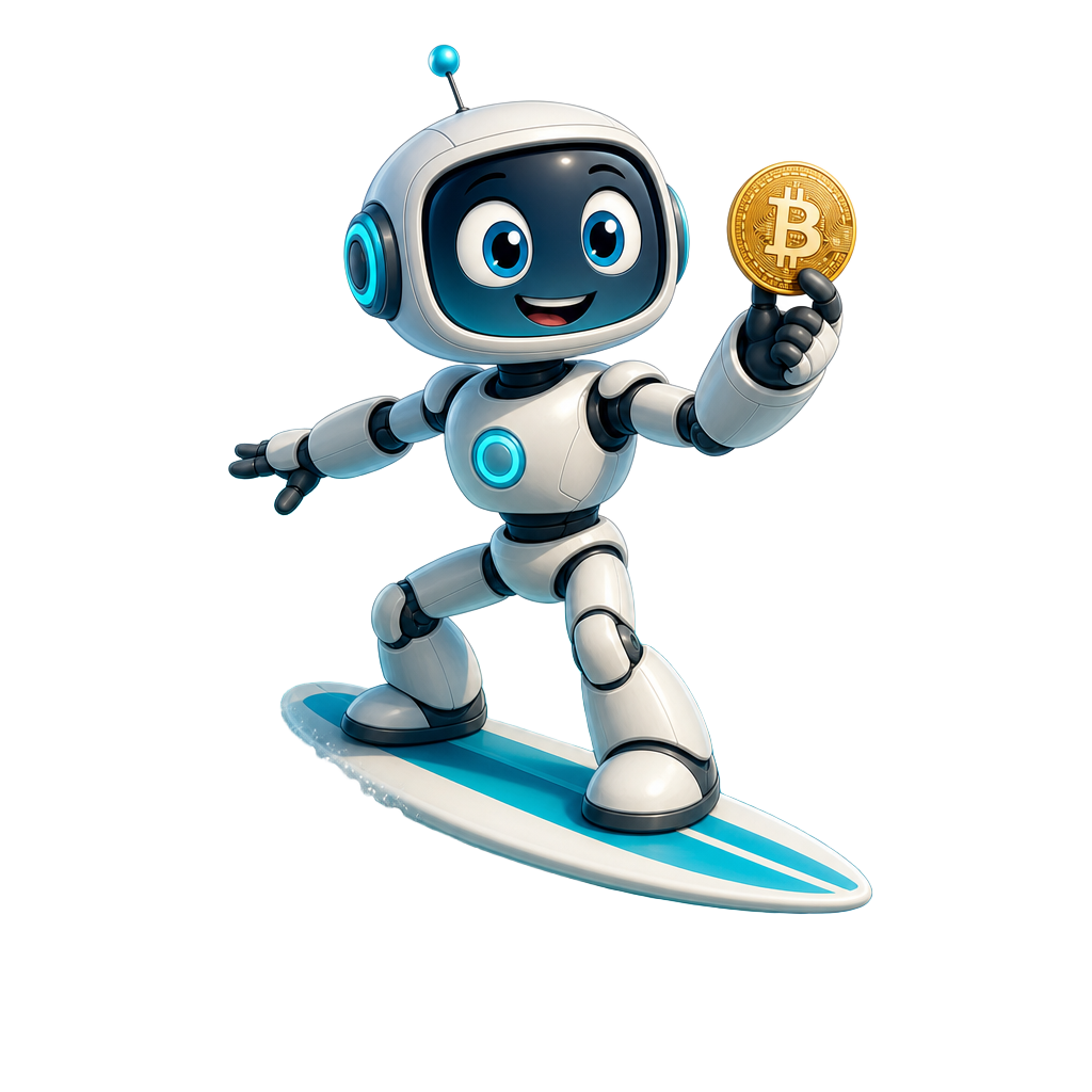 Coast robot mascot surfing with a Bitcoin